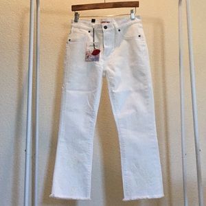 Johnny Was embroidered cropped baby boot white denim pants